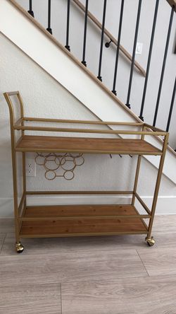 Gold Metal Bar Cart with Wood Shelves