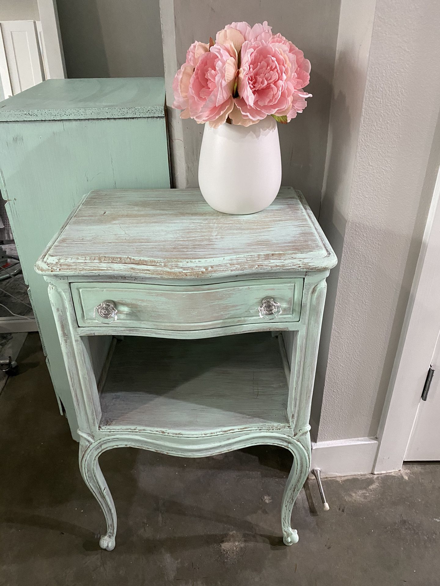 Vintage Nightstand Hand Painted Mint Chip Green