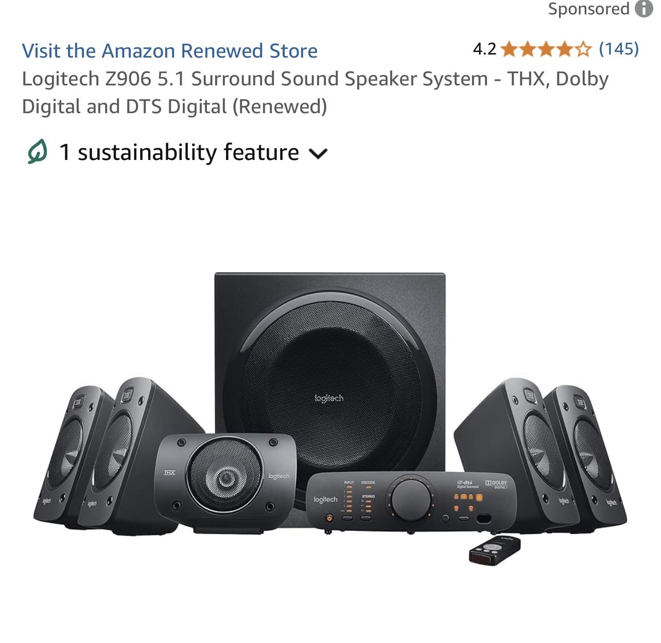 Logitech Z906 5.1 Surround Sound Speaker System - THX, Dolby Digital and DTS Digital - Black