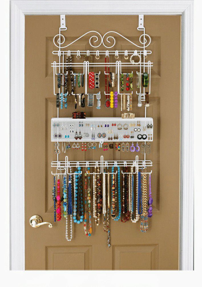 NEW Longstem Jewelry Organizer Hanging Door/Wall Closet Storage for Earrings, Bracelets, Necklaces and more in White Still In Box 
