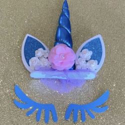 Unicorn Cake Topper: Metallic Blue Horn with Flowers & Glitter Gold Eyelashes🦄 🎂