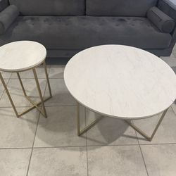 2 Piece Faux Marble Gold Accent Matching Table Set + Coffee Side Table