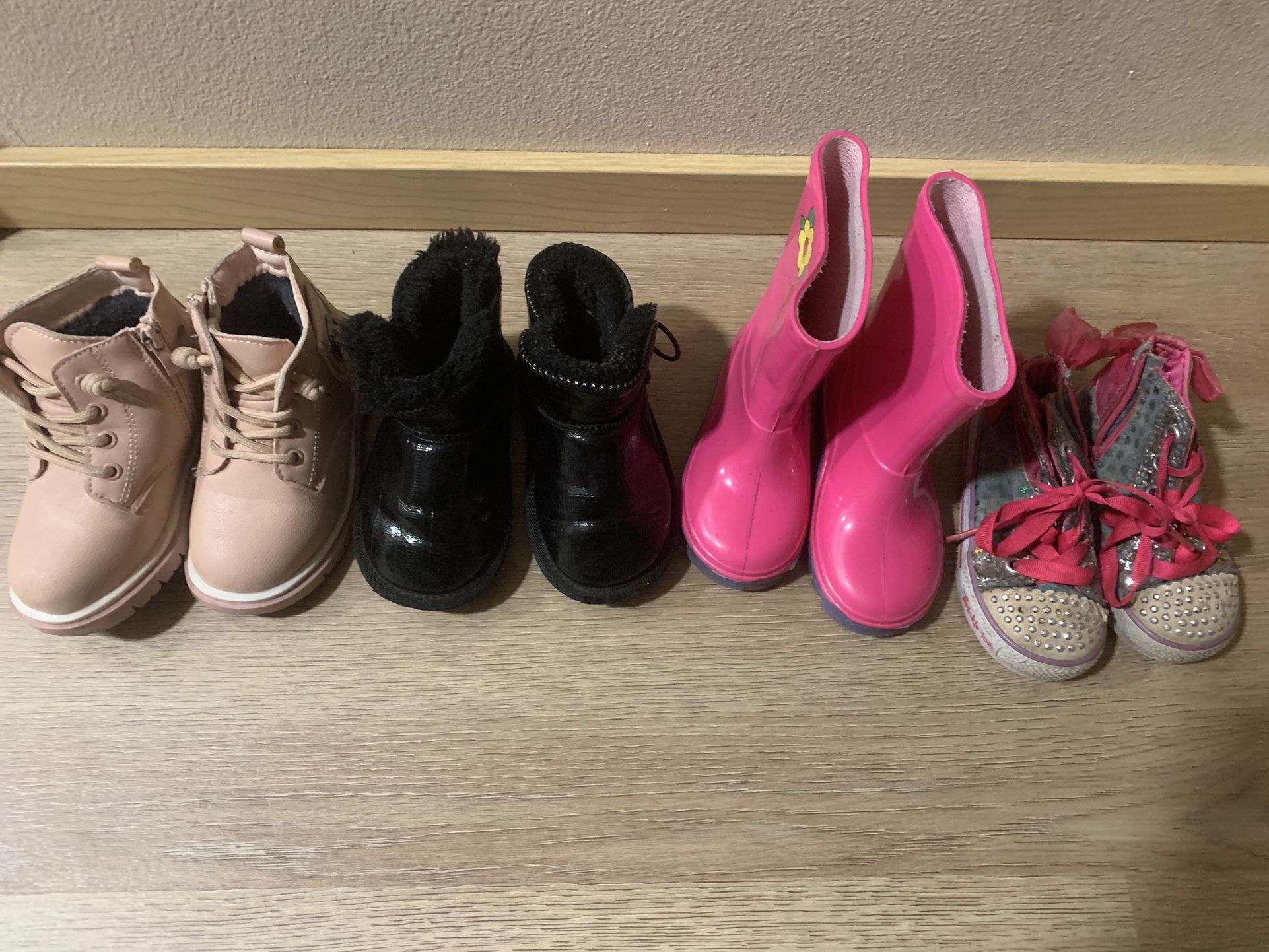 Shoes for girl. Size 6.5, 7, 8.5. boots, rubber boots, and glow-in-the-dark sneakers