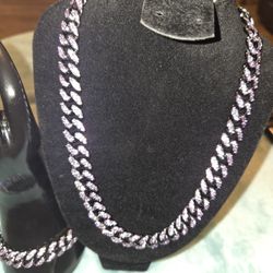 Lavendar And Cubic Zirconia Stainless Steel Cuban Necklace And Bracelet 