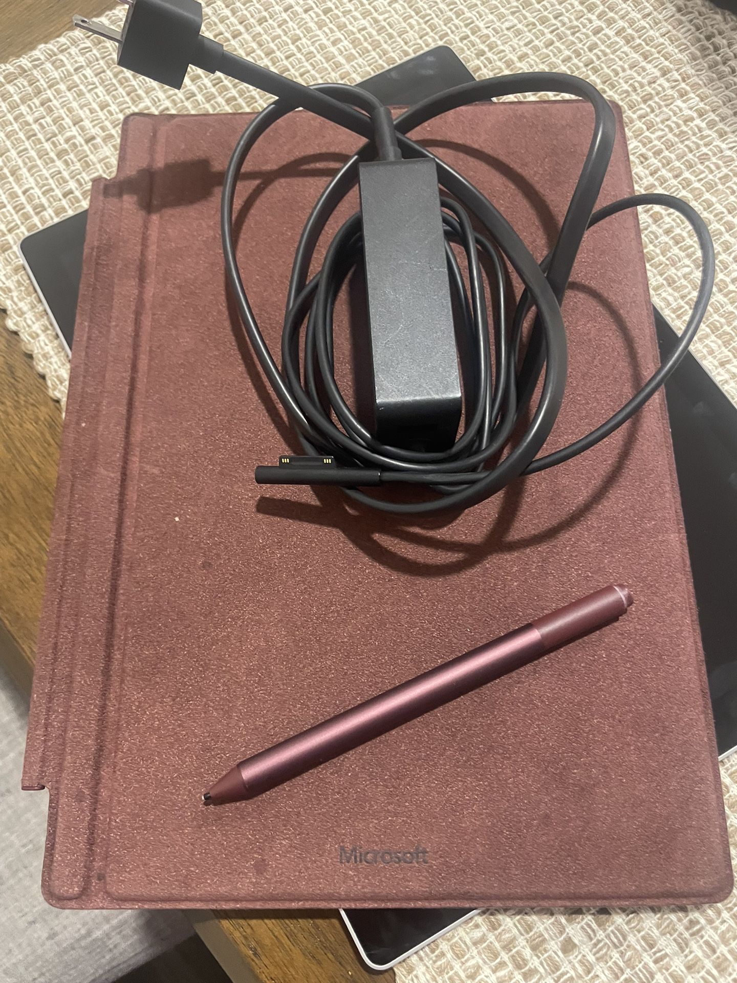 Microsoft Surface PRO keyboard, pen in burgundy, and working adapter-compatible with pro 4 &pro 5)