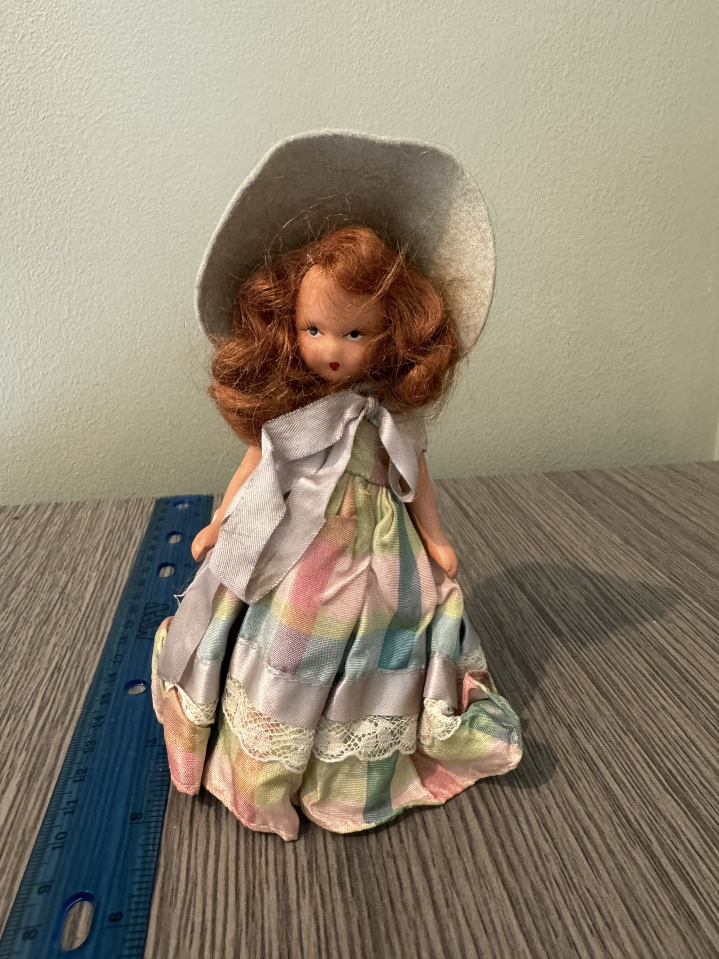 Vintage Pastel Patchwork Porcelain Doll with Elegant Hat -