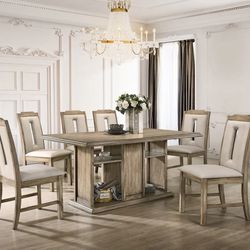 White Oak Finish Table w 6 Beige Fabric Cushion Chairs