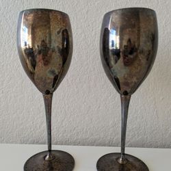 Pair of Vintage E. L. Delberti Italy Silverplated Pewter Goblets With Patina