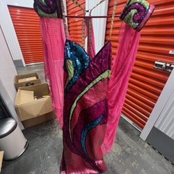 Colorful Sequined Floor-length Gown With Pink Sheer Removable Cape