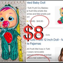 $8 Watermelon Cry Baby Doll 14” tall Tutti Frutti Batteries included in great condition