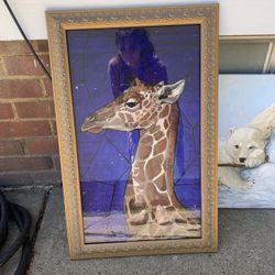 Framed Giraffe Painting On Cardboard 