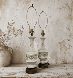Vintage Pair 31” White Porcelain Floral Table Lamps Gold Gilt Hollywood Regency