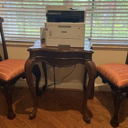 Antique Style Accent Game Table Solid Wood Dark With Two Carved Wood Chairs With Beautiful Seat Cousin 