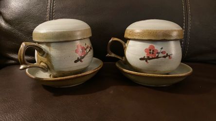 Set of 2 Ceramic Tea Cups with Saucers and Infusers