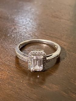 Art Deco Halo Engagement Ring, Sterling silver, with emerald cut center stone