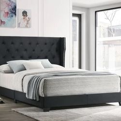BLACK VELVET-TUFTED ACCENTS-FRAME-CAMA MATRIMONIAL