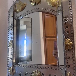 Vintage Mexican Punched Tin Wall Mirror w/ Doors Birds & Floral Decor