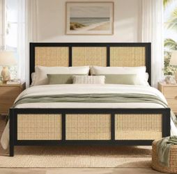 Queen Bed Frame with Headboard and Footboard, Boho Metal Platform Bed Frame QueenSize with 13.8 in Under Bed Storage, Heavy Duty Metal Slat Support, N