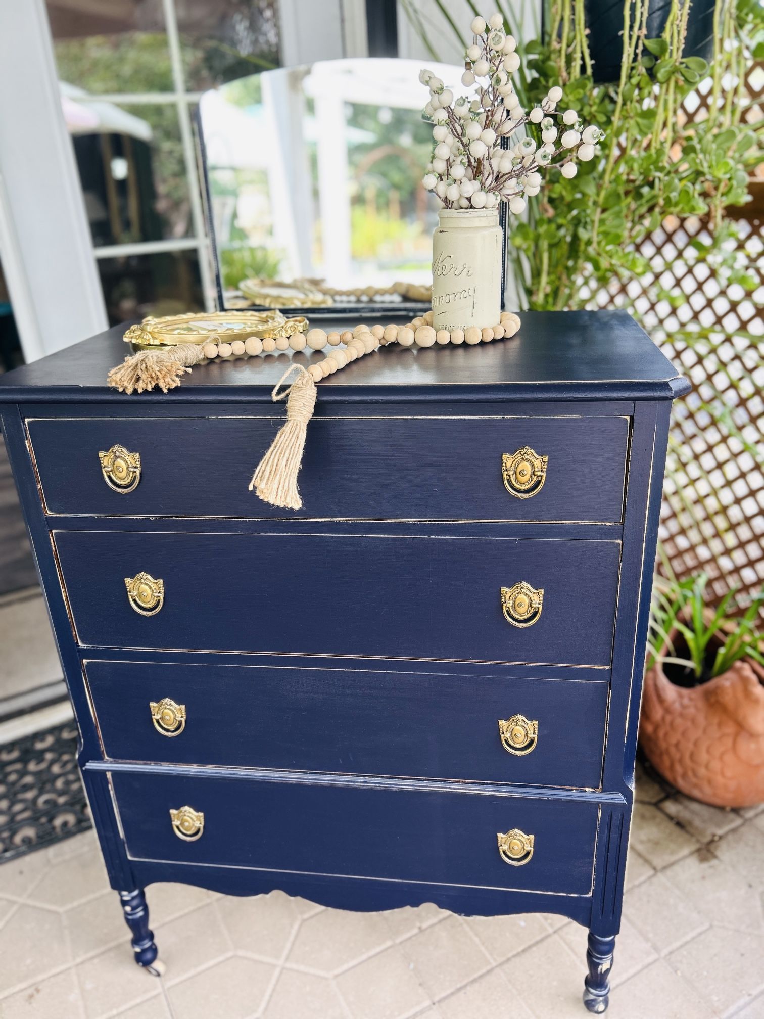Antique Midnight Blue Dresser W/ Mirror