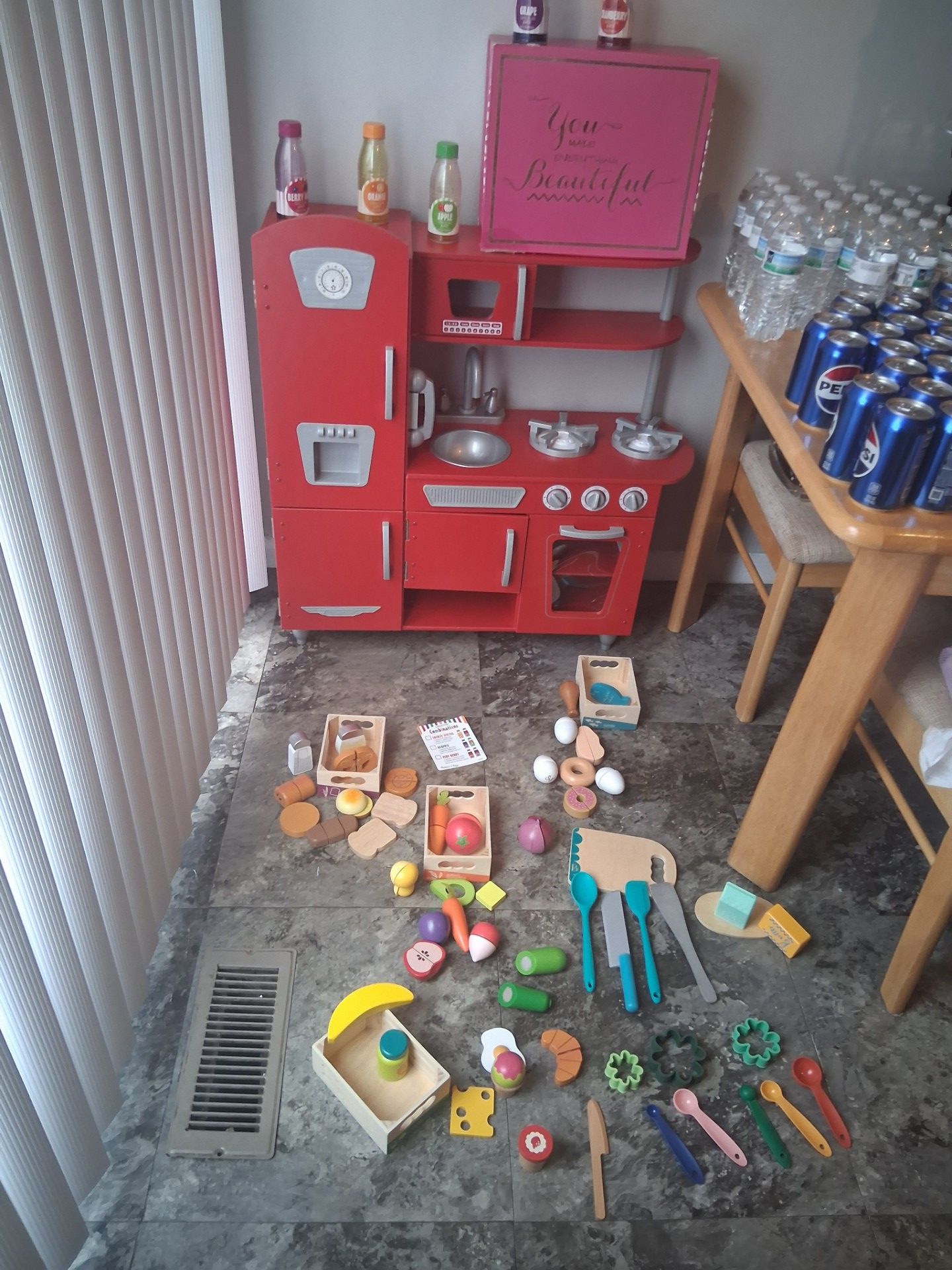 Kids play kitchen with food