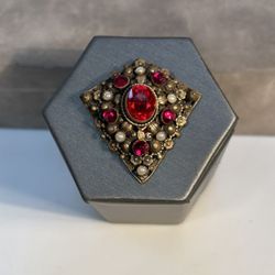 Vintage Filigree Red Glass Faux Pearl Brooch Clip Back Ornate Mid Century