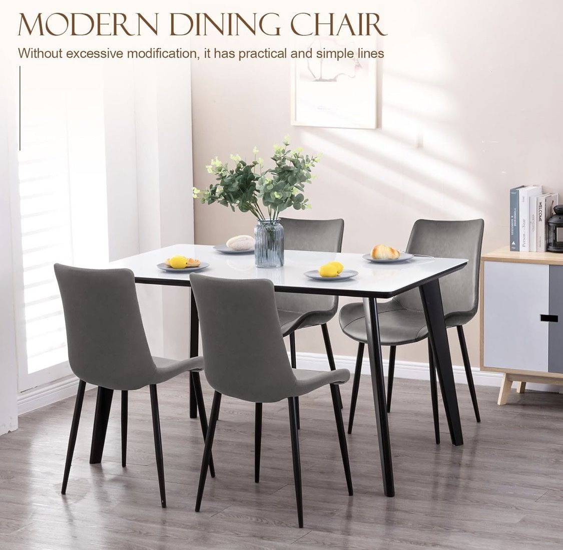 Set Of 4 - Gray PU Leather Dining Chairs w/ Black Metal Legs [NEW] [CHAIRS ONLY / TABLE NOT INCLUDED] 