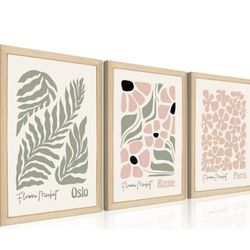 Wood Flower Market Wall Art Set of 3 - Boho Floral Wall Decor Paintings, Sage Green Leaf Canvas Prints, Abstract Minimalist Botanical Pictures for Gir