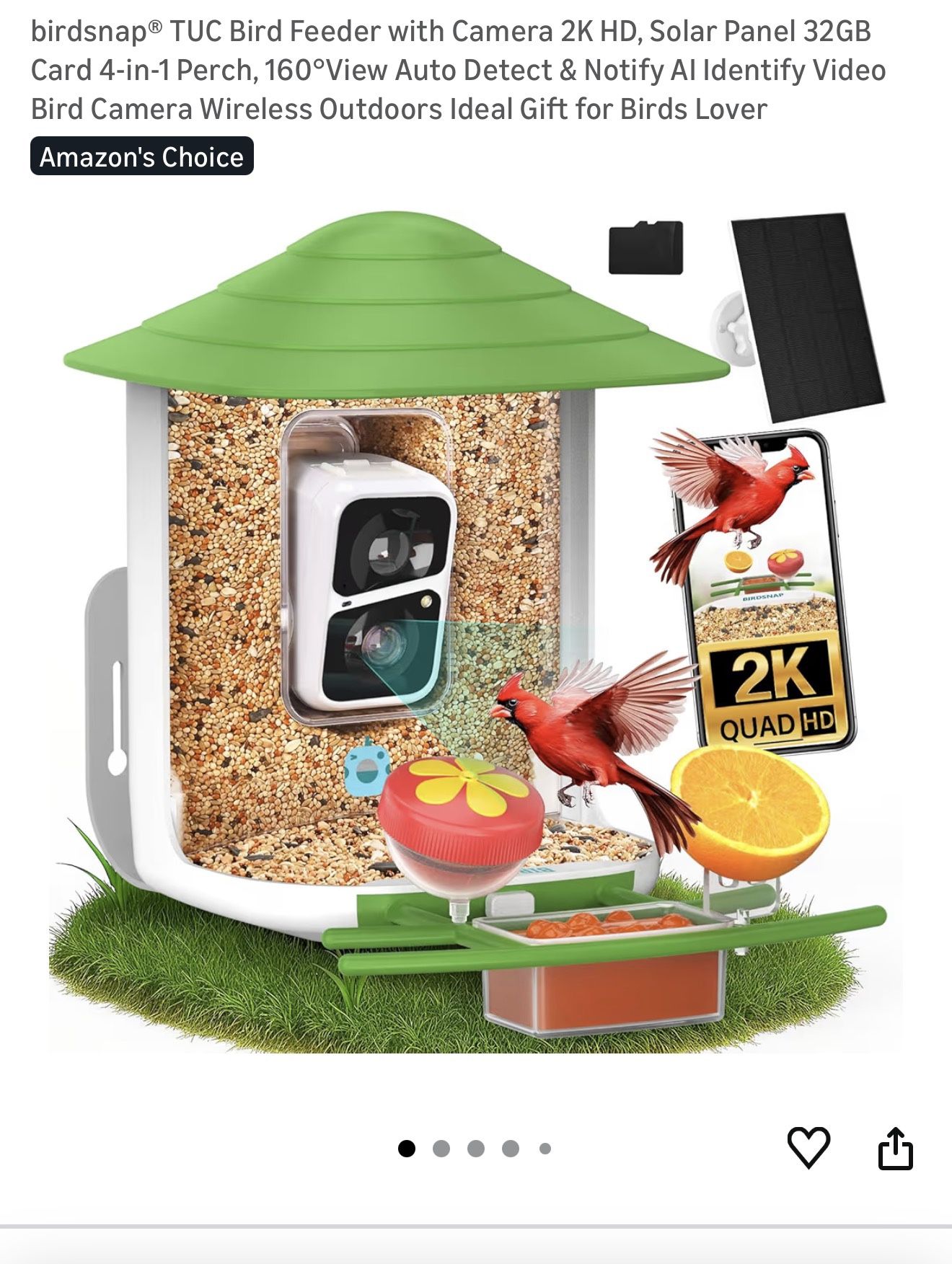 birdsnap® TUC Bird Feeder with Camera 2K HD, Solar Panel 32GB Card 4-in-1 Perch, 160°View Auto Detect & Notify AI Identify Video Bird Camera Wireless 