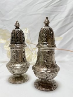 Vintage Corbel & Co. Silver Plated Salt Pepper Shakers Pair 5.25” Patina Original Inserts