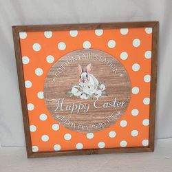 Cottontail Bunny Happy Easter Orange Polka Dots Wooden Wall Decor 