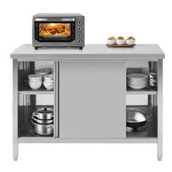 Hally Stainless Steel Cabinet, 30" x 60" NSF Commercial Heavy Duty Prep Workbench with Two Sliding Doors