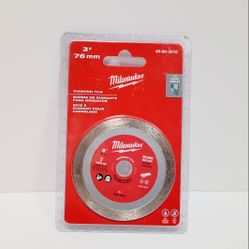 New Milwaukee diamond tile blade. This is a 3 inch (76mm) blade with a 9.5 mm arbor size. Max RPM 20,000. Great for cutting tile, can use wet or dry. 