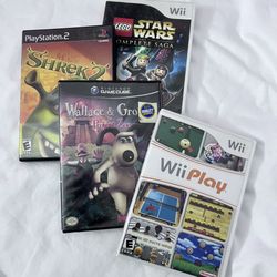 Video Game Lot Shrek 2 PS2, LEGO Star Wars Complete Saga Wii, Wii Play, Wallace & Gromit Project Z