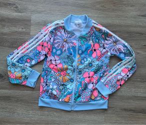 Youth Girls Size Large Adidas Floral Print Tricot Track Jacket Pink Blue