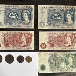 Vintage Bank of England Banknote & Coin Lot - Series C Queen Elizabeth II & George VI