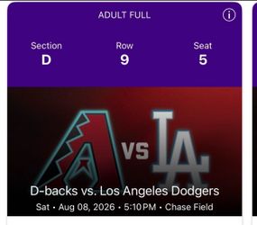 LA Dodgers vs AZ Diamondbacks - Face Value - Sat 8/8 August 8th - 5:10pm - 4th row from Dodgers Dugout Seats