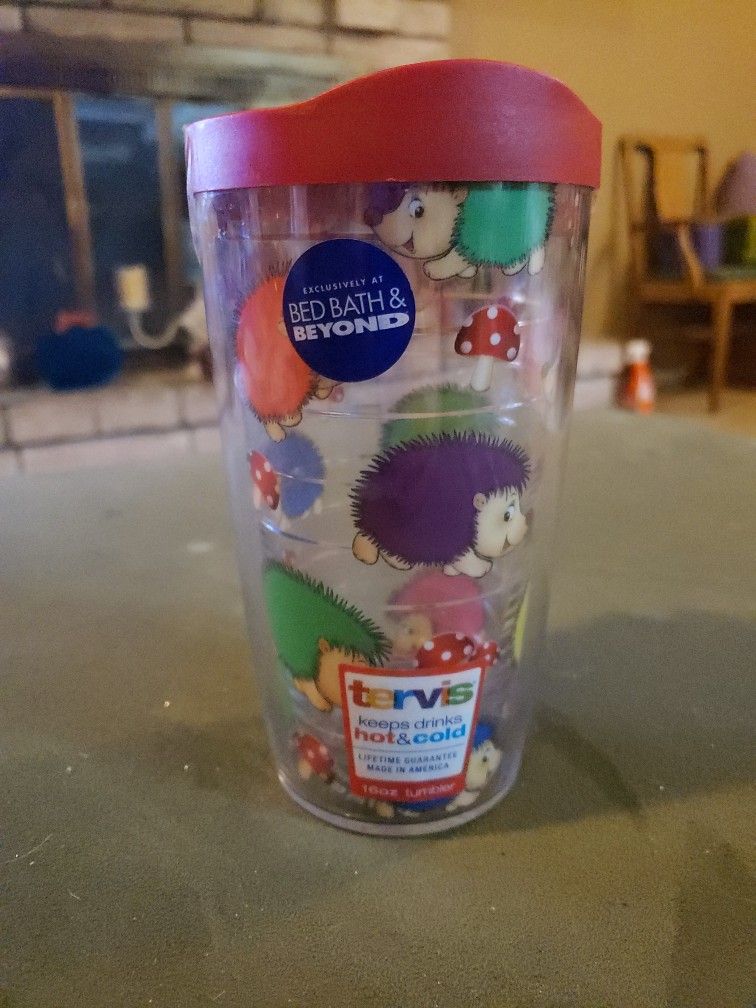 Tervis 16 Oz Tumbler From Bed, Bath And Beyond With Red Lid And Multicolored Happy Hedgehogs