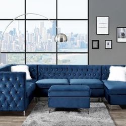 Brand New Blue Velvet Crystal Tufted U Shape Sectional White Fur Pillows 