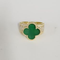 Luxury Gold Plated 925 Silver Clover Ring With Natural Malachite And Zirconia Size 6