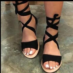 Open Toe Sandals Lace Up Solid Color Flat Shoes