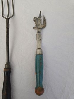 Vtg A&J Can Opener Hand Mixer Beater Meat Fork Lot of 3 Vintage Wood Handle