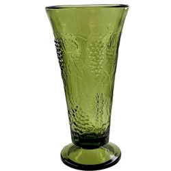 Vintage avocado green Colony Indiana glass footed vase grapes leaves motif