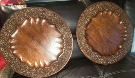 Set of 2 Vintage Handcarved Walnut Plates/Chargers/Serving Trays 19 3/4" in diameter, floral design around & scalloped inner part