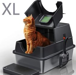 Stainless Steel Cat Litter Box with Deodorizing Block, Featuring An Extra Large 3-in-1 Design with Enclosed/Open Top, Odorless Litter Pan with