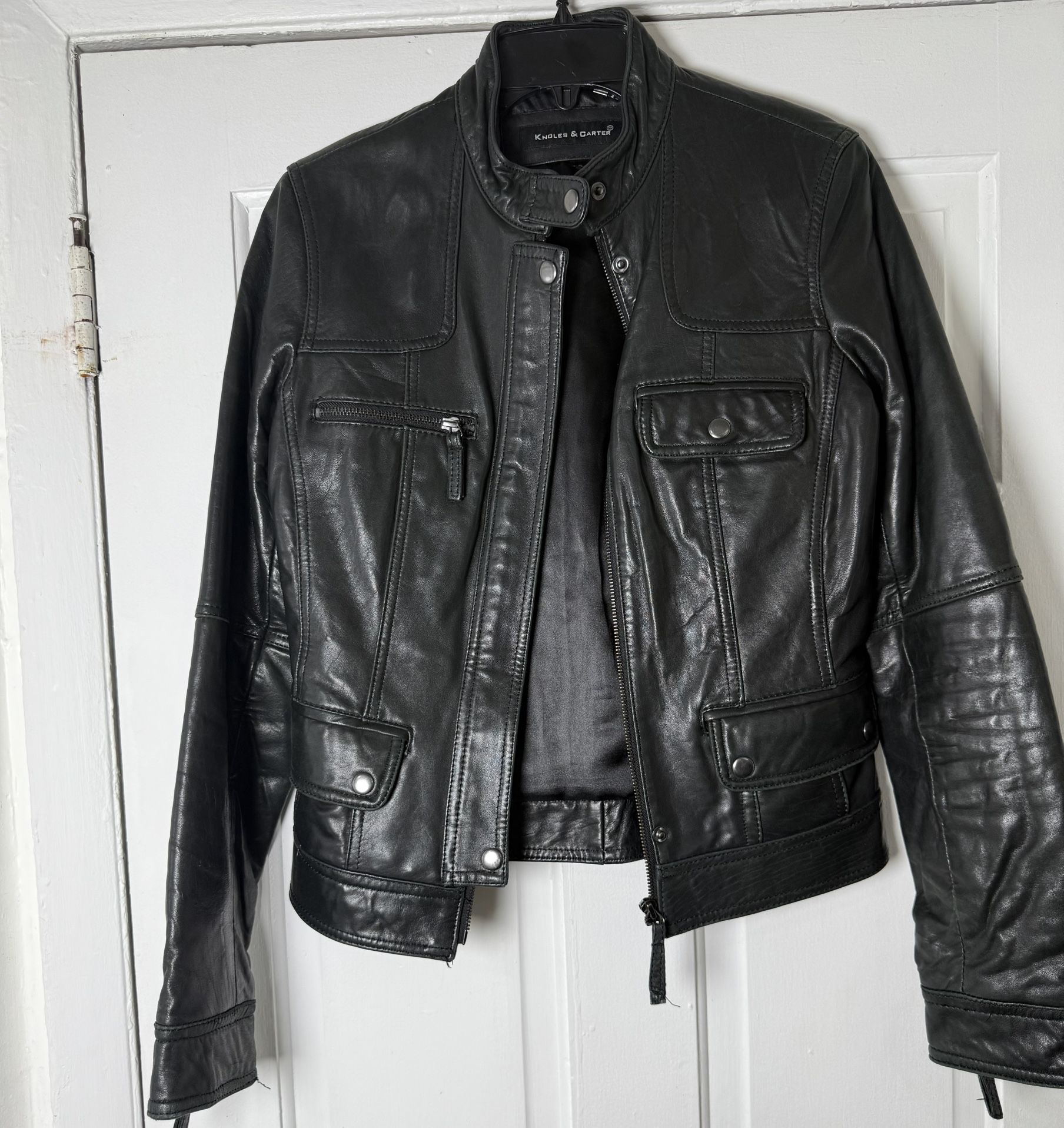 Knoles & Carter Womens Italian Lamb Leather Jacket Size M/L Black Full Zip Biker