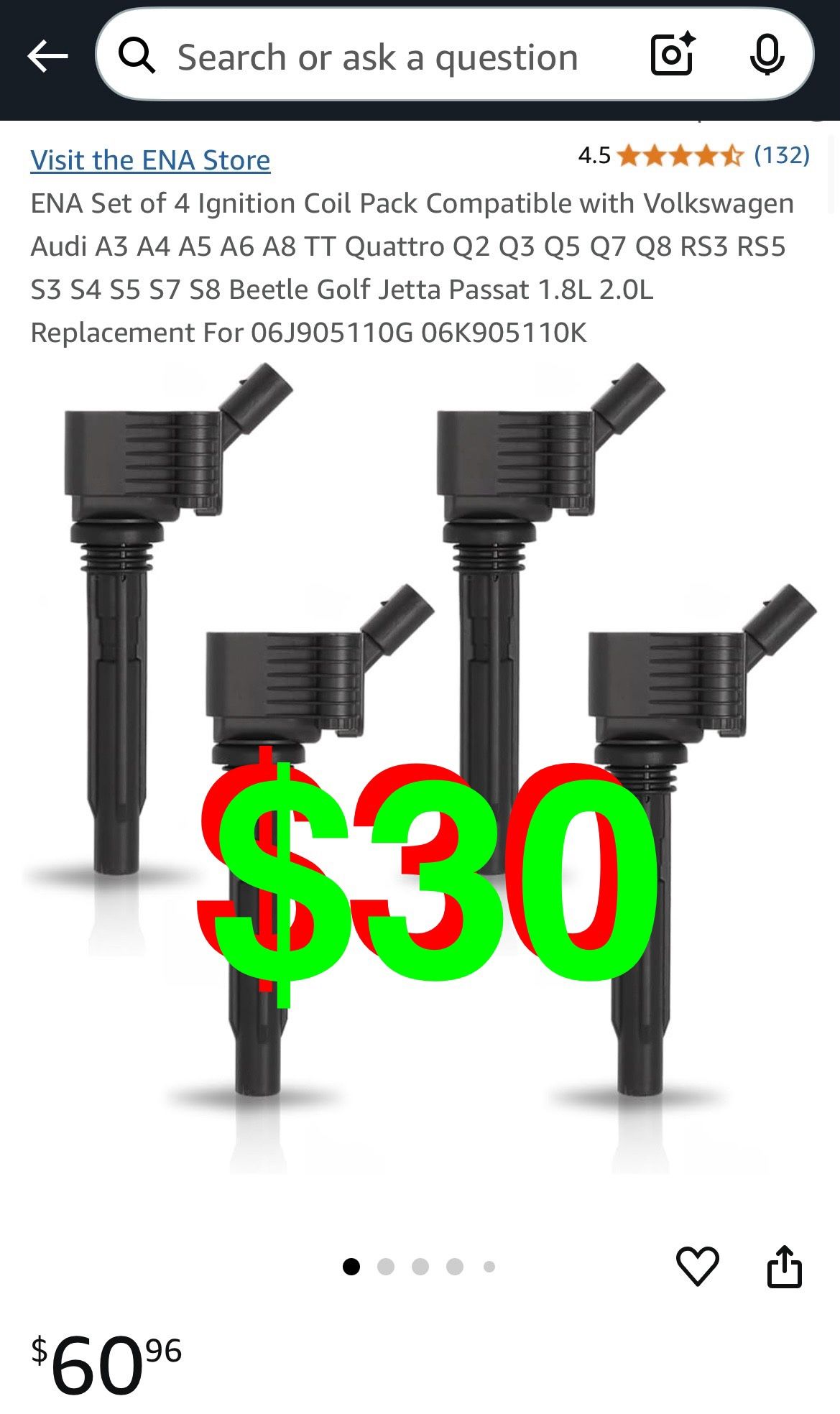 ENA - Set of 4 Ignition Coil Pack Compatible with Volkswagen Audi A3 A4 A5 A6 A8 TT Quattro Q2 Q3 Q5 Q7 Q8 RS3 RS5 S3 S4 S5 S7 S8 Beetle Golf Jetta Pa