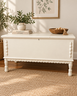 Boho Vintage antique cream painted cedar lined chest — turned finial posts, carved detail