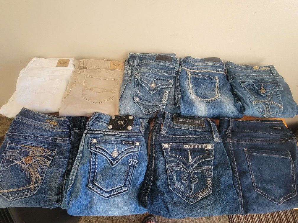 Size 6 Miss Me, Rock Revival, Kut (long shorts), Silver, Abercrombie, Liverpool (capri)