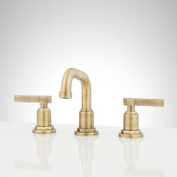 New Signature Hardware Greyfield Widespread Low Angled Bathroom Faucet – Aged Brass – $548.90 Retail – Delivery Available