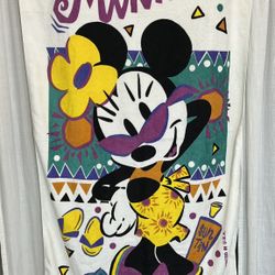 Vintage 80s Disney Beach Towel MINNIE MOUSE Sun Tan Aztec Terry Cloth White Neon